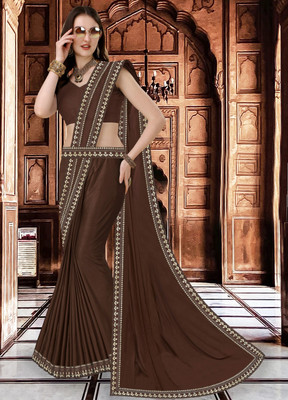 Chhavi Fashion Solid/Plain Banarasi Chiffon Saree(Brown)