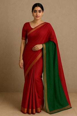 Montauk Fabians Solid/Plain Handloom Cotton Silk Saree(Maroon)