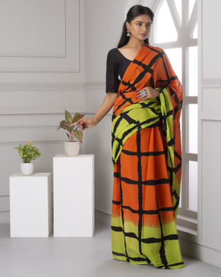 NIKHILAM Printed Daily Wear Pure Cotton Saree(Orange)
