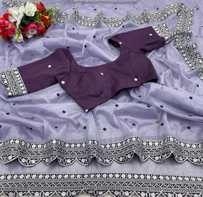 RamKrupa Creation Embroidered Bollywood Net Saree(Purple)