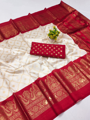 Kanooda Prints Printed Mysore Art Silk Saree(White, Red)