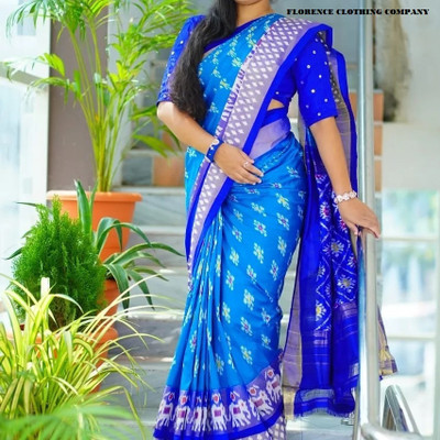 Suali Printed Bandhani Cotton Blend Saree(Blue)