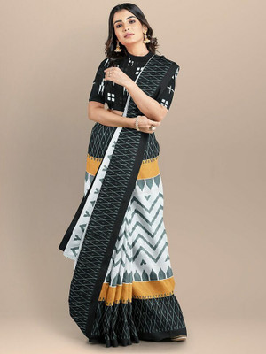 hastshilpi Printed, Color Block, Blocked Printed, Floral Print, Dyed Daily Wear Pure Cotton Saree(Black)