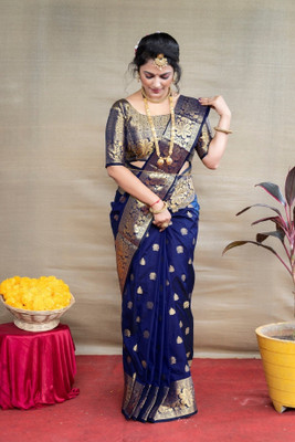 Pari Prints Self Design Banarasi Silk Blend Saree(Dark Blue)