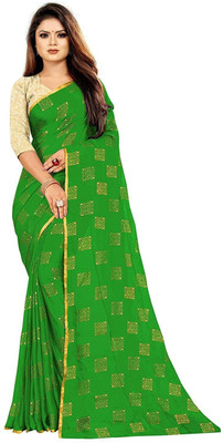 Desi Style Printed Banarasi Net, Chiffon Saree(Green)