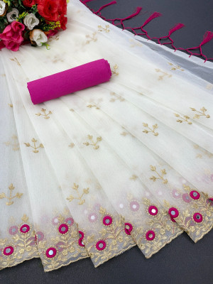 OZONE DESIGNS Embroidered Bollywood Organza Saree(White)