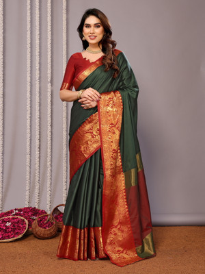 RASVRITI Woven Kanjivaram Pure Silk, Art Silk Saree(Green, Red)