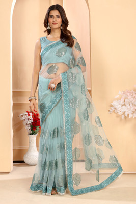 PATLANI STYLE Embroidered Bollywood Net Saree(Blue)