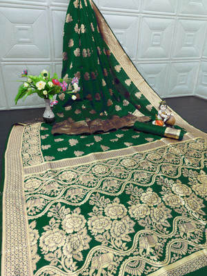 SOMVATI Woven, Self Design, Embellished Kanjivaram Art Silk, Jacquard Saree(Green)
