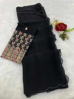 SHIV FASHION Solid/Plain Bollywood Chiffon Saree(Black)