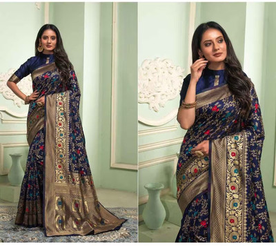 WOMENELEGENCE Embellished Banarasi Pure Silk Saree(Blue)