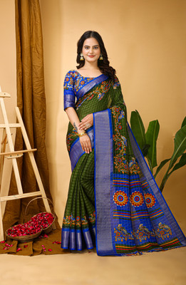 AEDYM Floral Print, Geometric Print, Printed Kalamkari Cotton Silk Saree(Green)