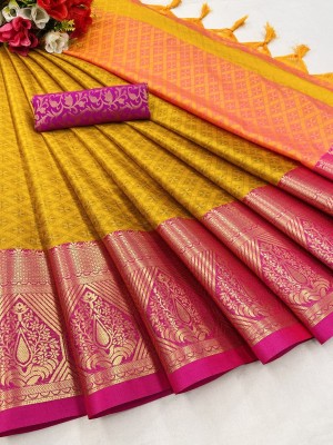 Clothing Hub Printed, Woven Dharmavaram Silk Blend Saree(Yellow)