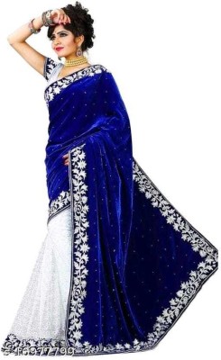 RASALTREND Embroidered, Embellished Bollywood Velvet, Net Saree(Blue, White)