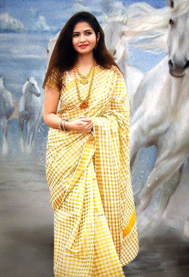 GUGALIYA FASHION Checkered Kasavu Cotton Blend Saree(Multicolor)