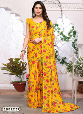 shiv textiles Floral Print Bollywood Georgette Saree(Yellow)