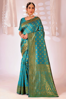 Saadhvi Printed Banarasi Pure Silk Saree(Blue)