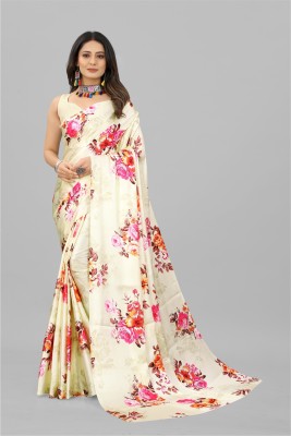 KV Fashion Floral Print Bollywood Satin Saree(Beige)