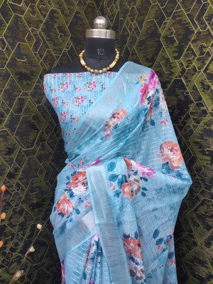 Ellesti fab Digital Print Daily Wear Cotton Linen Saree(Light Blue)