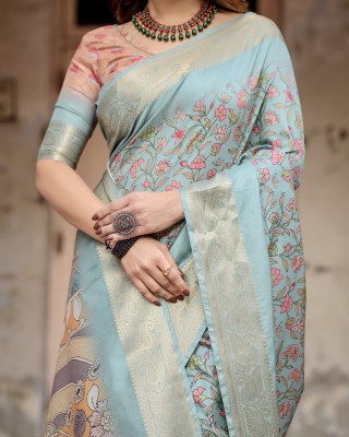 ALMAARI FASHION Digital Print Kalamkari Cotton Silk Saree(Grey)