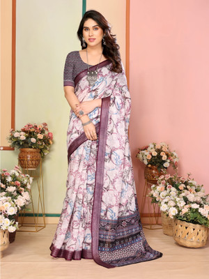Moda Rapido Printed Daily Wear Cotton Linen Saree(Purple)