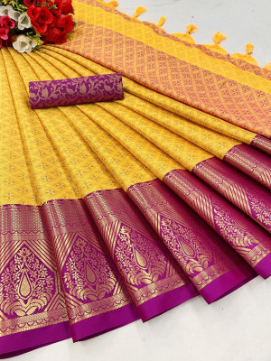 HouseOfCommon Printed Dharmavaram Silk Blend Saree(Yellow)
