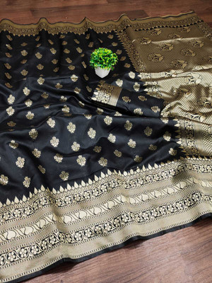 GINNYPRINTS Self Design, Floral Print, Embellished, Woven, Applique Kanjivaram Jacquard, Pure Silk Saree(Black)