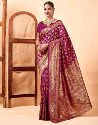 WOMENELEGENCE Woven, Geometric Print Banarasi Pure Silk Saree(Purple)
