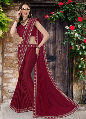 FabDaisy Printed Banarasi Lycra Blend Saree(Maroon)