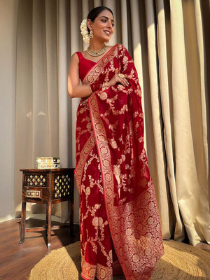 Muskan Collection Printed Banarasi Art Silk Saree(Red)