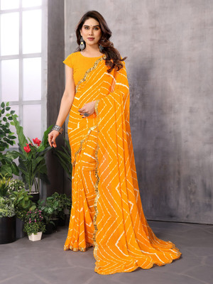 AAI LAXMI CREATION Striped Bandhani Georgette Saree(Yellow)