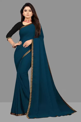 OKTAT Solid/Plain Bollywood Georgette Saree(Blue, Black)