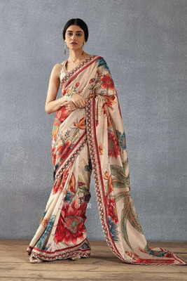 RAJESHWAR FASHION Floral Print Bollywood Silk Blend Saree(Beige, Multicolor)