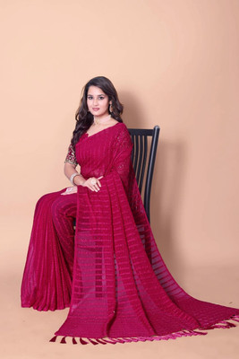 JIAANAMILLS Solid/Plain Bollywood Georgette Saree(Red)