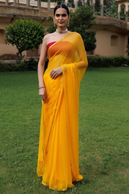 Desi Style Solid/Plain Bollywood Velvet, Chiffon Saree(Yellow)