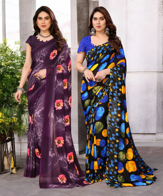 THE URBAN DIVA Printed Bollywood Georgette Saree(Pack of 2, Multicolor)