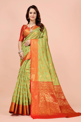 LAVYANSH CREATION Woven Banarasi Art Silk, Jacquard Saree(Light Green, Orange)