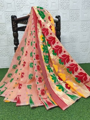 Kusothar Woven, Striped Jamdani Cotton Silk Saree(Pink)