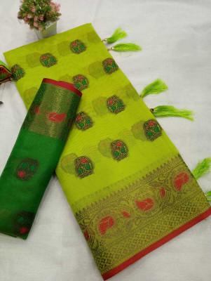 VAKHARIYAFAB Woven Banarasi Cotton Silk, Pure Silk Saree(Green)