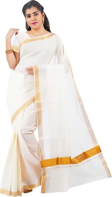 shree laxmi Woven Kasavu Pure Cotton Saree(White)