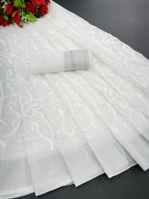 KRIVITY Embroidered Bollywood Cotton Linen Saree(White, Silver)