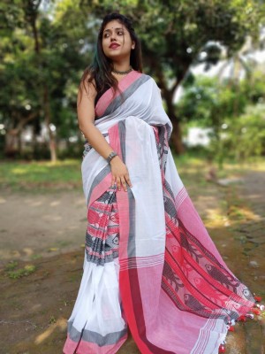 HouseOfCommon Woven Handloom Cotton Blend Saree(White)