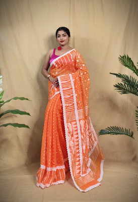 Hiya saree And Punjabi house Printed Jamdani Cotton Blend Saree(White, Orange)