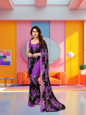 SmittenSmit Printed Bollywood Georgette Saree(Black, Purple)