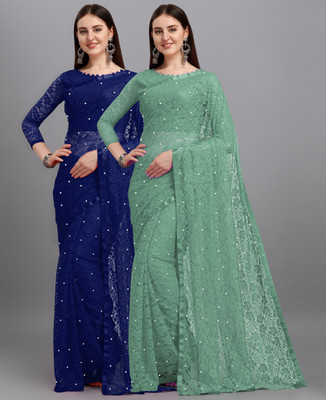 LOROFY Self Design Bollywood Net Saree(Pack of 2, Multicolor)