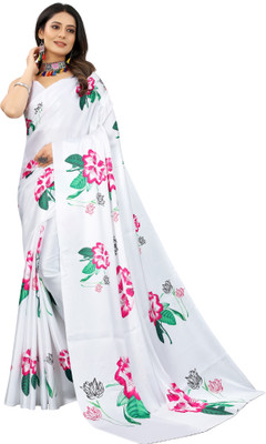 LADY SHOPI Floral Print Bollywood Satin Saree(White)