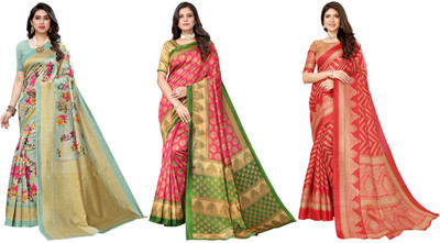 ANIRAV Printed, Woven Daily Wear Art Silk Saree(Pack of 3, Light Green, Pink, Red)