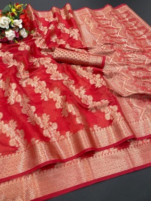 Karyavar Floral Print Bollywood Lycra Blend Saree(Red)