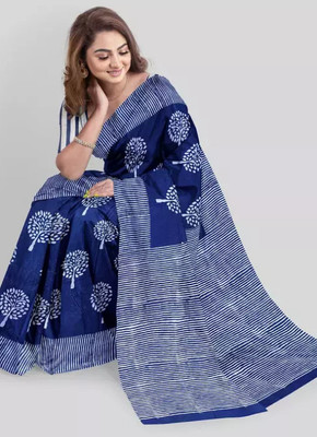 SUNDREESAREE Blocked Printed, Color Block, Floral Print, Printed Ikkat Pure Cotton Saree(Blue, White)