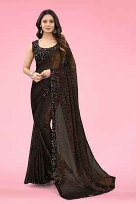 SwiftStyle Embellished Bollywood Lycra Blend Saree(Brown)